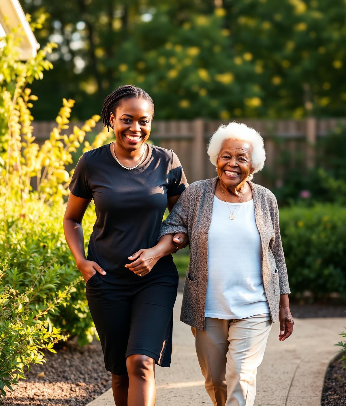 A caregiver walking arm in arm with an older woman in a garden